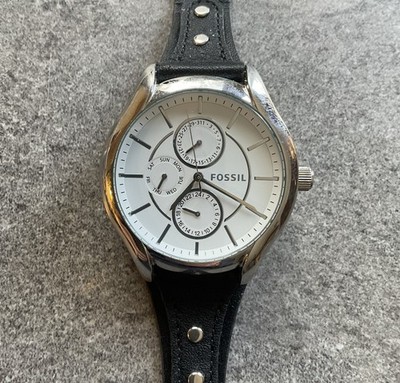 Fossil Womens Watch 40mm Silver Tone Case Day Date Black Leather Cuff BQ3066 B-K