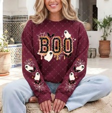 BOO Halloween Sweatshirt Ghost Crewneck Spider Web Bat Spooky Season Pullover