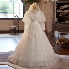 Princess White Flower Lace O Neck Puff Sleeve Ruffles Lace Up Ball Wedding Dress