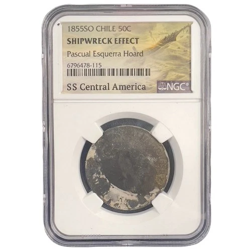 1855 SS Central America Shipwreck Chile 50 Centavos Silver Coin NGC Genuine