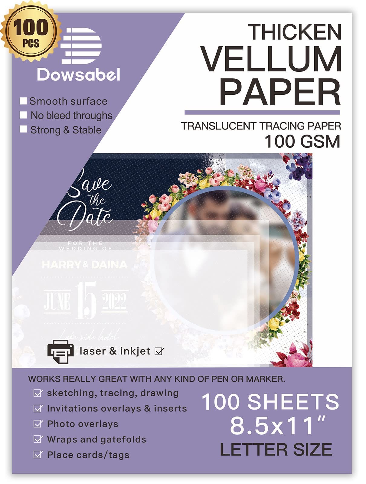 100 Sheets Translucent Vellum Paper, 68LBS 8.5 x 11 inches Printable Vellums ...