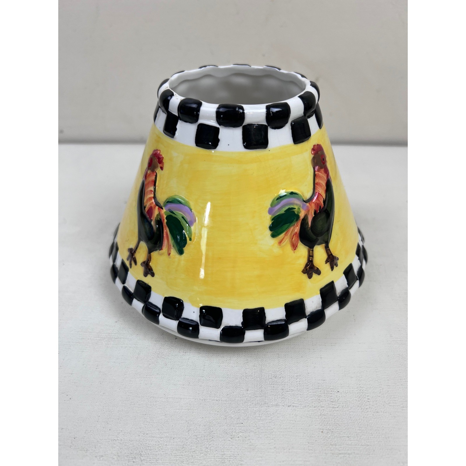 Rooster Candle Holder with Plate Yellow Black White Checkered Farmhouse Cottage
