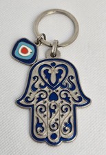 Hamsa Hand Evil Eye Keychain - Blue Silver Protection Amulet Good Luck 05