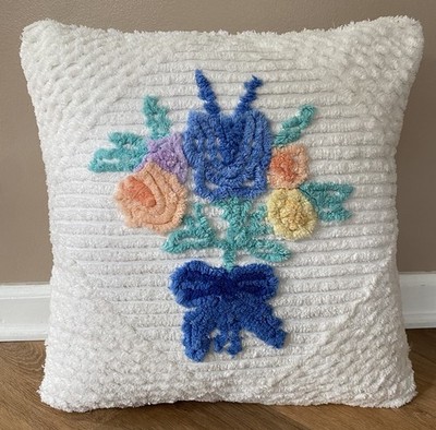 1 Beautiful Blue Peach Teal Pillow Case From Vintage Chenille Bedspread 16 x16 