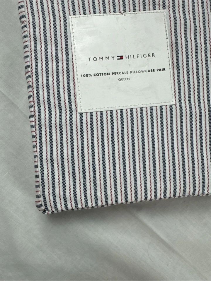 TOMMY HILFIGER Queen 100% Algodón Percal Funda de Almohada Par Rayas Nuevo con Etiquetas Foto 4 de 4
