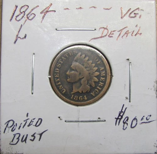 1864 L. BRONZE POINTED BUST INDIAN HEAD CENT PENNY LOT. (VG. DETAIL)