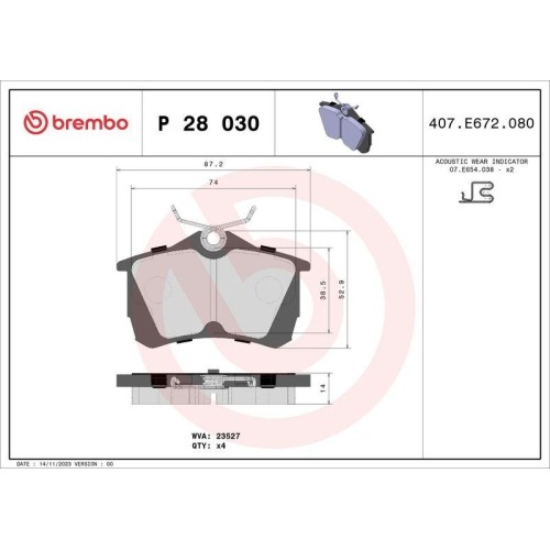 Plaquettes de frein Brembo P28030 en matériau premium pour disques Honda