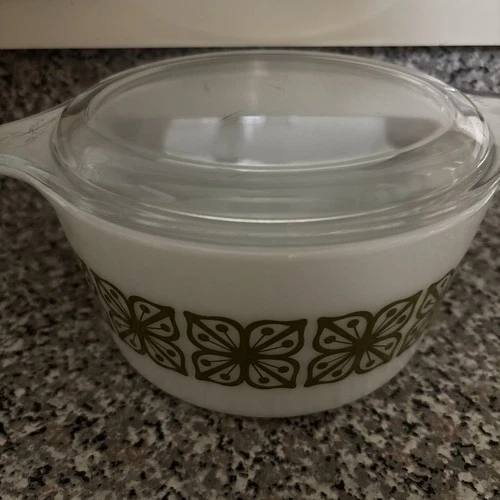VTG 1960s Pyrex Verde Green Autumn Floral Retro MCM Casserole Bowl 475-B