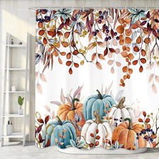 Fall Harvest Thanksgiving Pumpkin Shower Curtain, Autumn Leaves with Pumpkins
