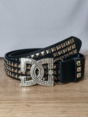 DC Shoes Black Studded Belt Rhinestone DC Logo Buckle Y2K Punk Goth Unisex