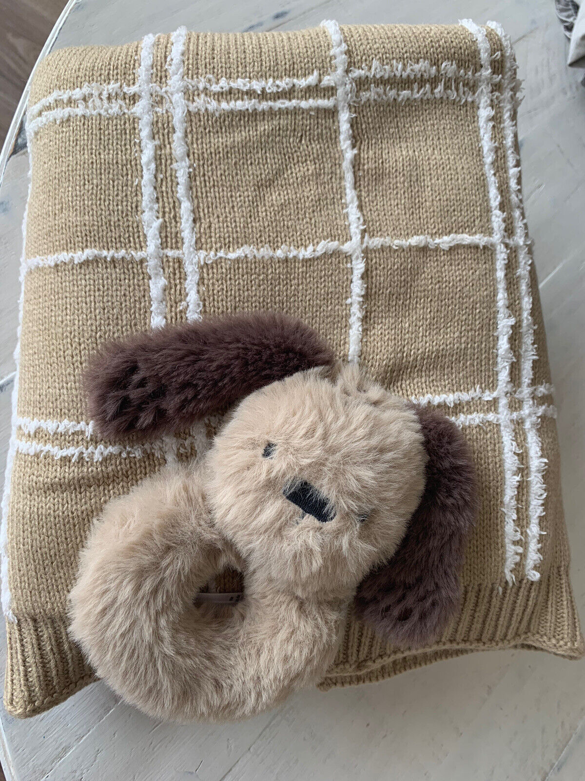 Little Miracles Beige Knit Blanket & Dog Plush Rattle  30" x 46”