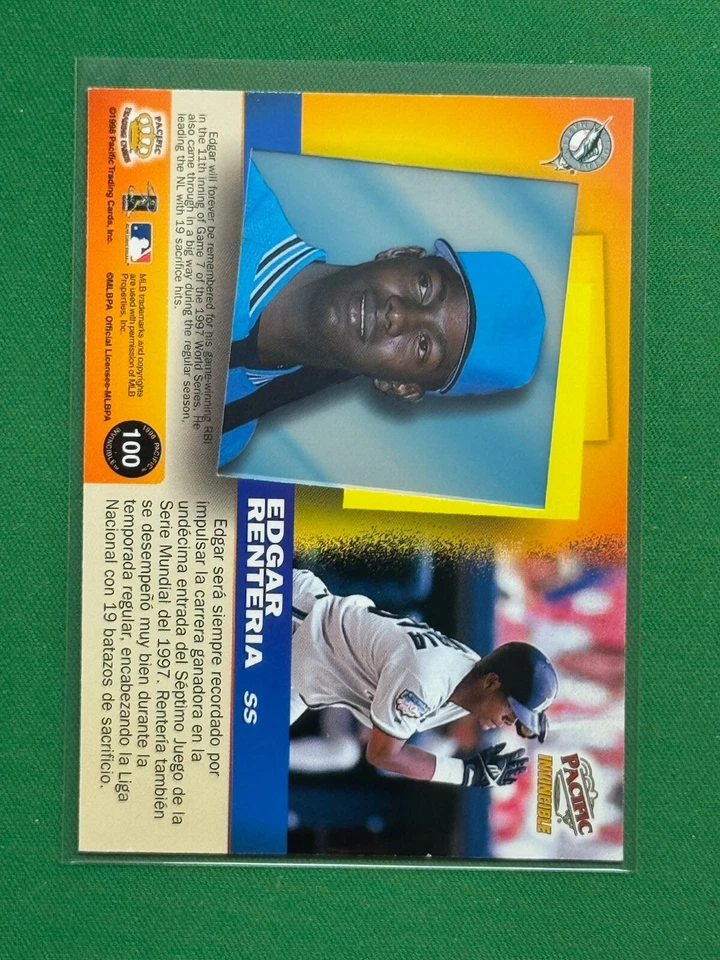 1998 Pacific Invincible Baseball Platinum Blue Parallel #100 Edgar Renteria /67 - Image 2 of 2