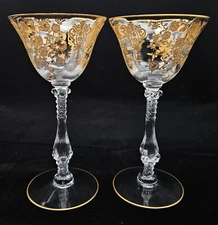 2 Cambridge Rose Point Gold Encrusted Cordial Glasses Regency Cocktail Wine NICE