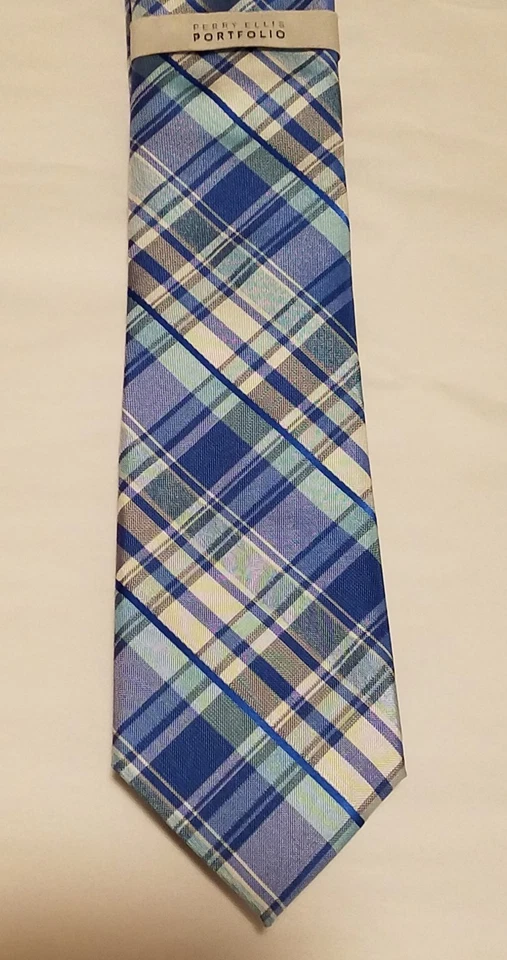 Nueva corbata a cuadros azul y blanca de mezcla de seda PERRY ELLIS para hombre Foto 2 de 4