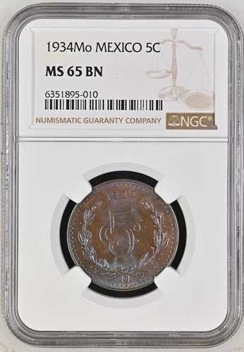 1934Mo Mexico 5 Centavos NGC MS65BN