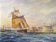 Original watercolour, 'Naval Cutter leaving Portsmouth', 1996, David Beer b1936