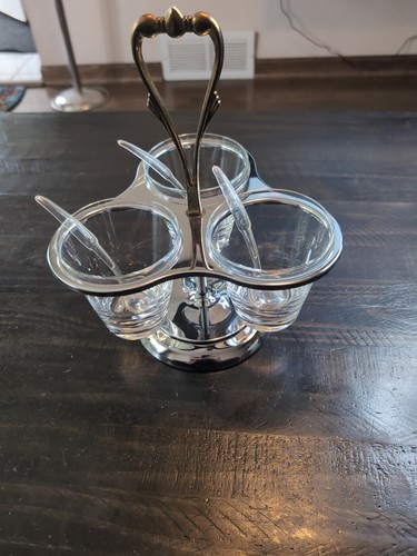 Vintage Kromex Triple Condiment Caddy Dish Chrome & Glass Cups w/3 ...