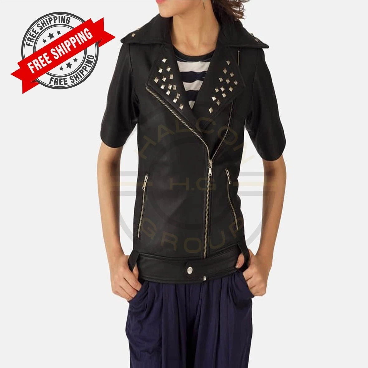 Ladies Leather Jacket Half Sleeves jacket Custom Sizing with Best Materials
