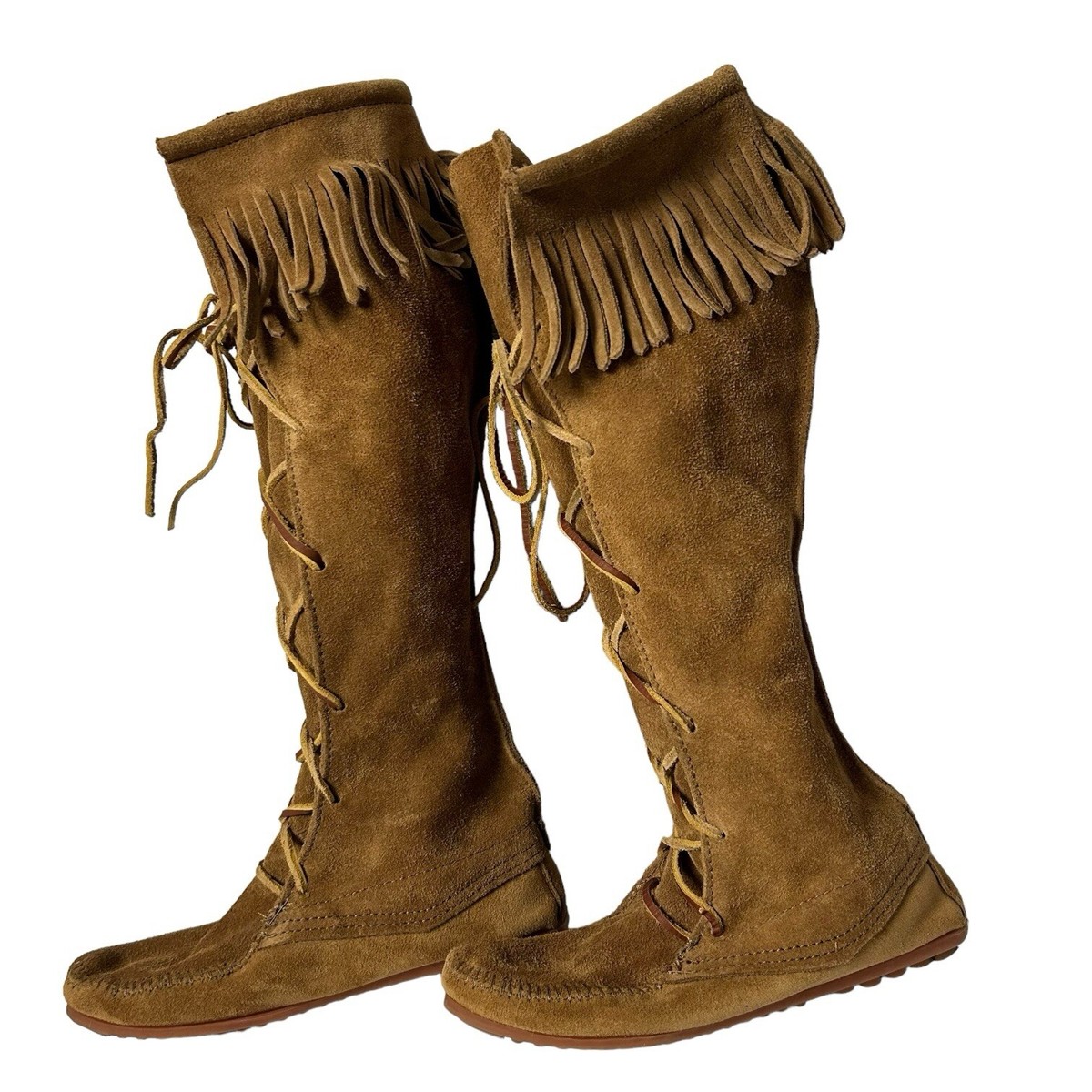 Minnetonka Knee High front Lace Up Suede Moccasins fringe boots