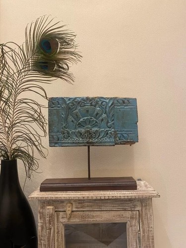 1800's Antique Wood Hand Carved Blue Flower Painted Fine Carving Ceiling Panel - Picture 2 of 9
