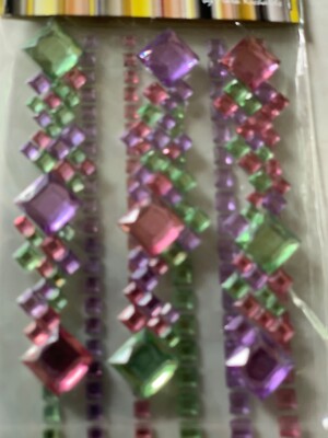 CRYSTAL STICKER 2 SHEETS CLUSTERS PINK PURPLE GREEN GEMSTONES  MULTI-SIZE 9PCS