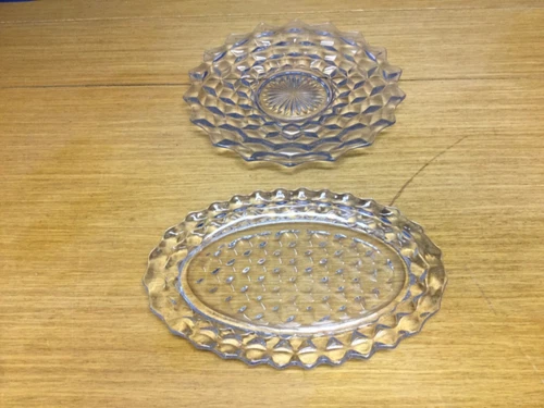 Fostoria American Clear Cube 10 1/2” Round & 10 3/4” Oval Serving Plates