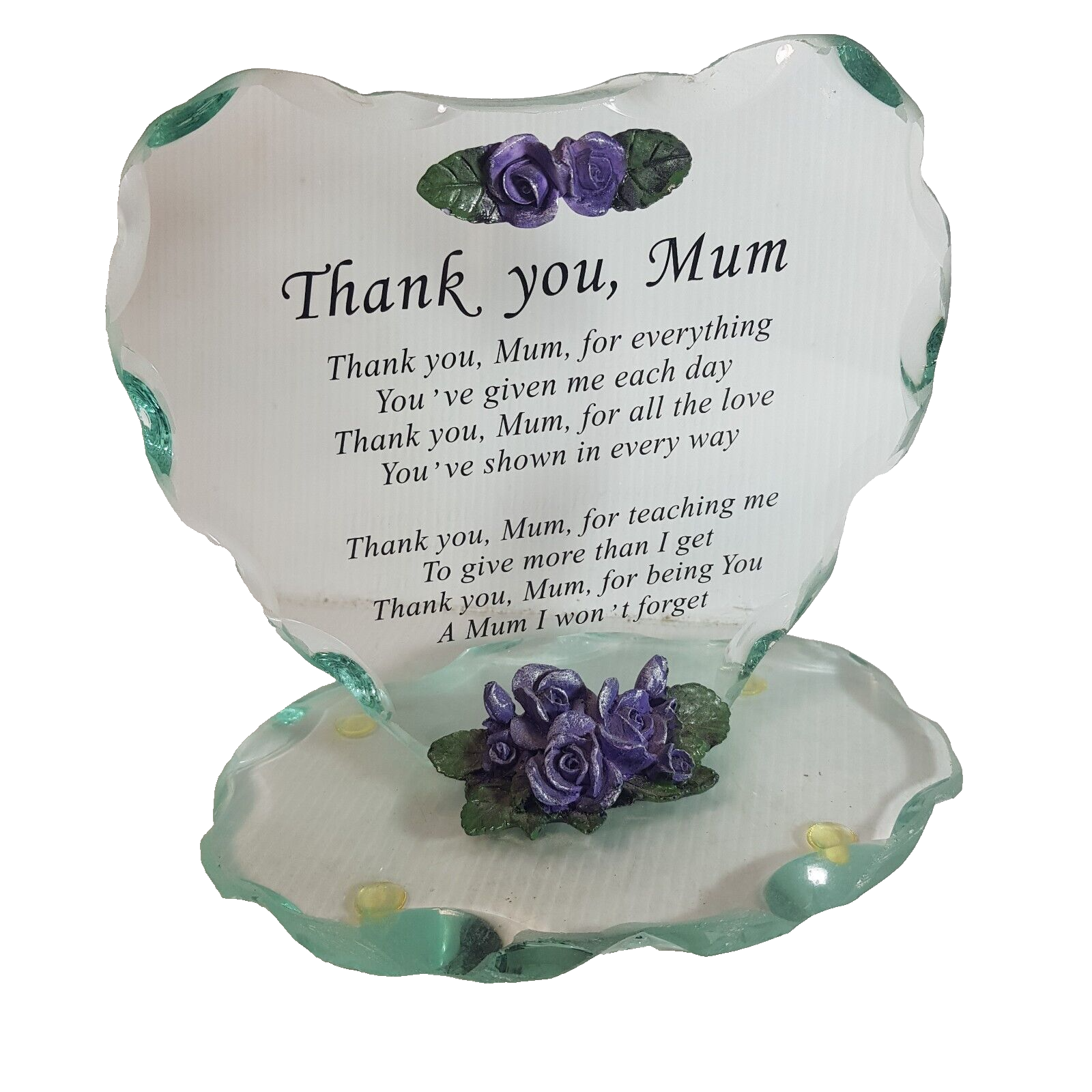 Heart shaped etched Glass with applied flowers Thank you Mum Mothers Day plaque