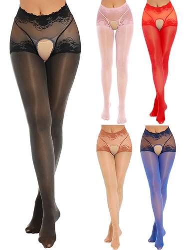 Women's Ultra Sheer Four-sided Open Crotchless Pantyhose Oily Shiny Stockings US - Picture 19 of 27