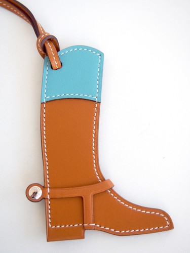 NIB Authentic Hermes Paddock Botte Boot Leather Bag Charm Natural Sable Blue