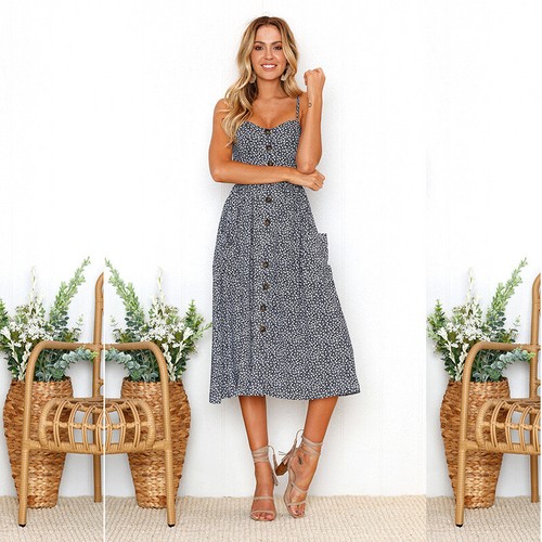 Womens Holiday Boho Beach Midi Dress Ladies Strappy Button Cami Sundress Summer - Picture 17 of 24