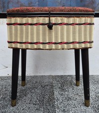 Vintage 1950s/60s Sewing Box Stool Wicker Basket Wooden Legs Upholstered Seat