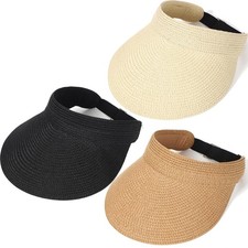 3 Pack Straw Sun Visor Hat Women Summer UV Protection Wide Brim Ponytail