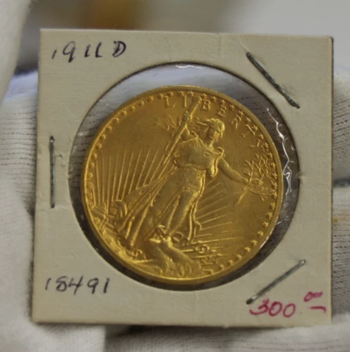 1911 D US $20 Saint Gaudens Double Eagle Gold Piece AU+ (Cleaned)