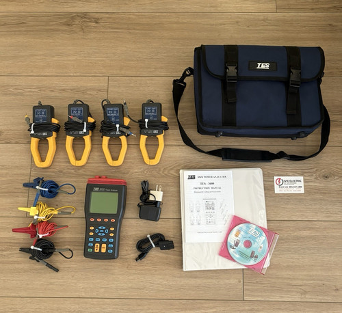 TES TES-3600 3-Phase Power Analyzer Kit w/ 4 Clamps, Leads, Case, CD, Manual