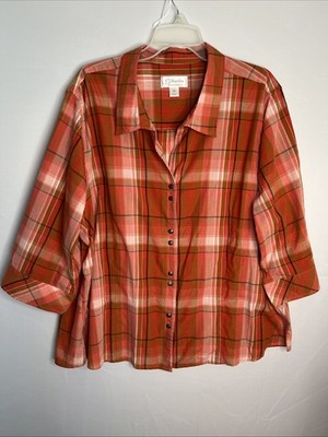 CJ Banks 3X Orange Plaid 3/4 Sleeve Button Shirt/Blouse - Pristine