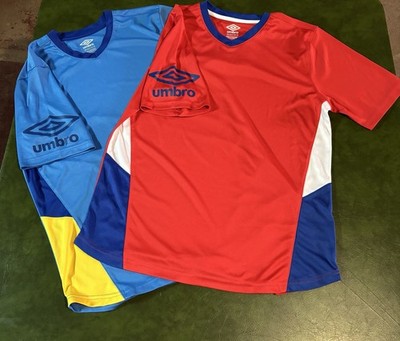 Umbro XXL Youth Soccer Jerseys Set of 2 Red/White/Blue and Sky/Yellow/White Good