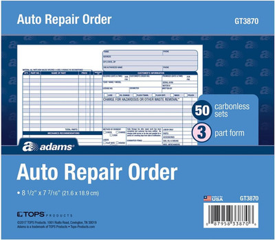 Auto Repair Order Forms 8.5 X 7.44 Inch 3 Part Carbonless 50 Pack White
