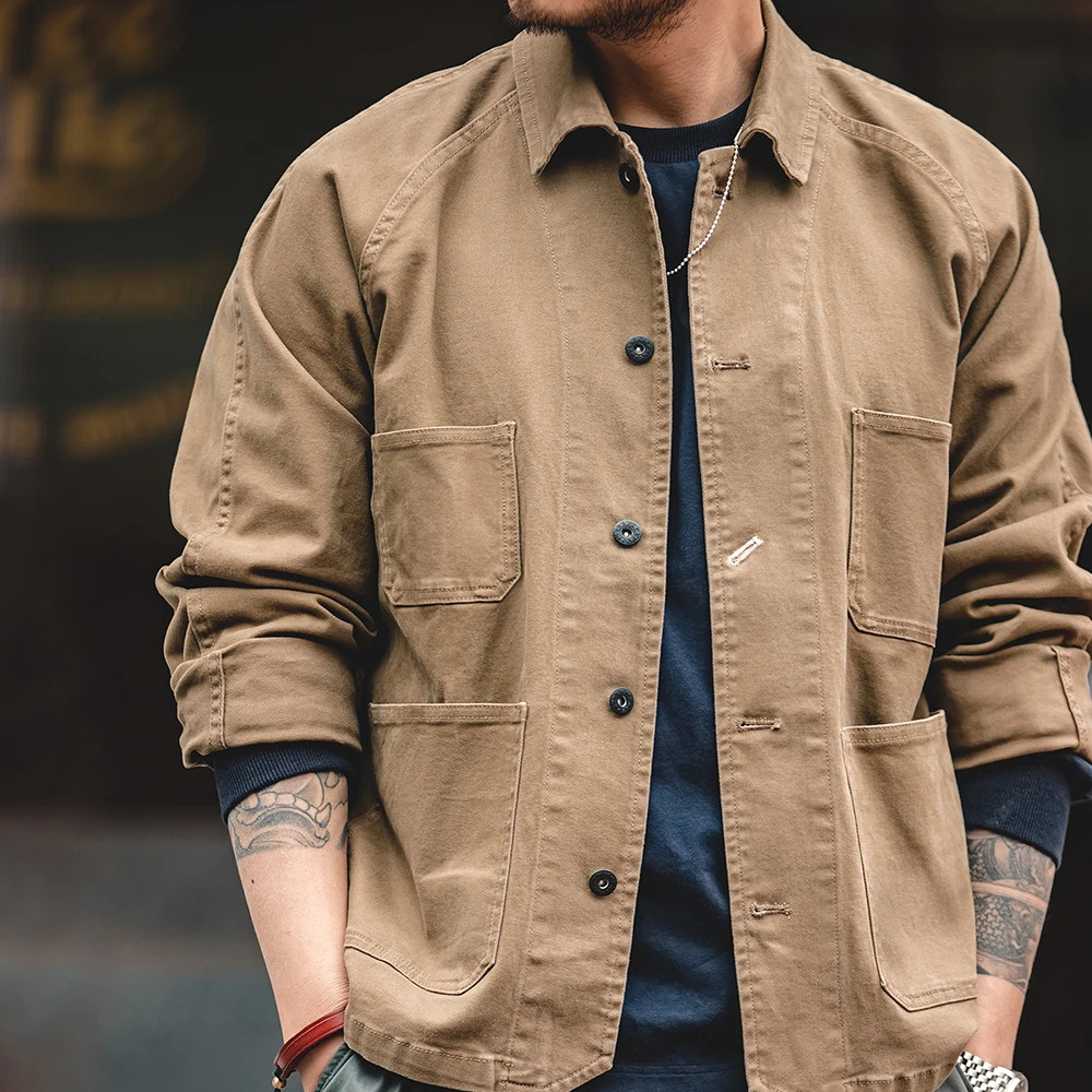 Maden Heavyweight Twill Fabric Four-pocket Coat for Men Turn-down Collar Jacket