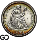 1890 Seated Liberty Dime, Lovely Amber/Blue/Green Toning, Solid Gem BU++