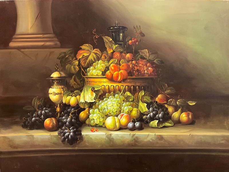 UNSTRETCHED Oil painting 48"x36" Bowl of various fruit on surface, gold decals 