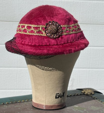 1950s SUPERBE Henry Pollak Inc Cranberry Fur Teddy Bear Cloth - Vintage Hat