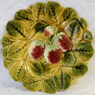 SARREGUEMINES Barbotine French Majolica Fruit Cabinet Plates Pear & Apple& Straw