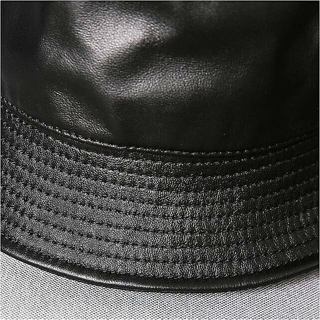 Fashion Men Women Genuine Leather Bucket Hat Sheepskin Black Fisherman Cap