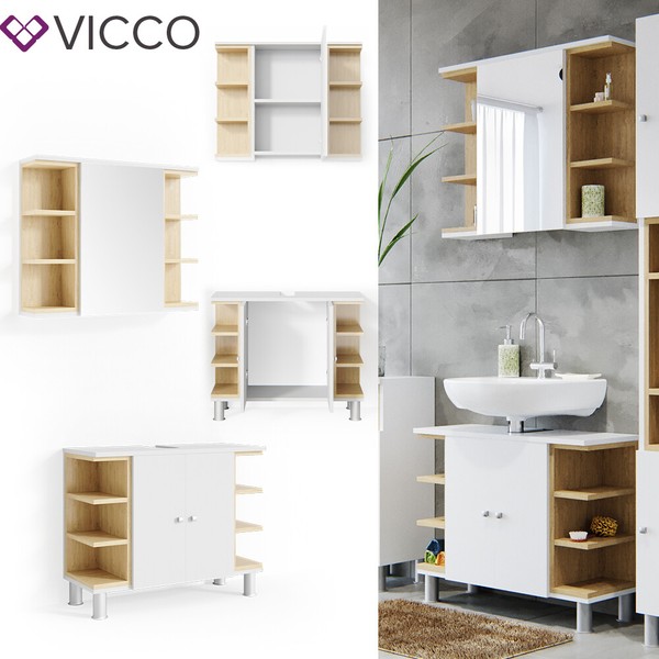 BadmöBel Set Aquis Weiß Eiche Spiegel Waschtisch Unterschrank Badezimmer Vicco-image