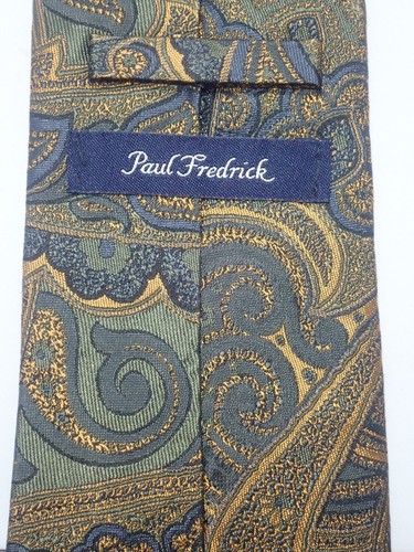 PAUL FREDRICK BROWN GOLD GRAY PAISLEY WOVEN 100% ITALIAN SILK NECK TIE 58 1/2" - Picture 2 of 13