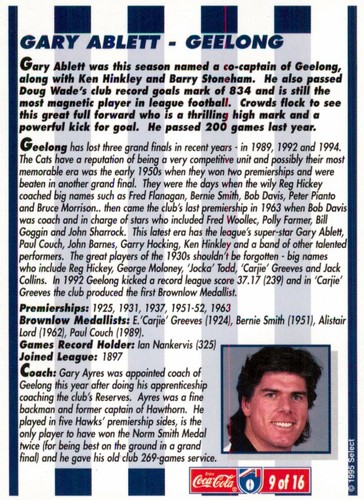 1995 GEELONG CATS AFL Card GARY ABLETT Coca-Cola Team Classics - Bild 2 von 2