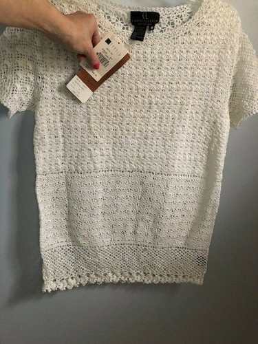 Damenpullover weiß 100 % Baumwolle gehäkelt Medium von Carole Little neu mit Etikett - Bild 4 von 5