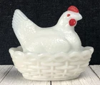 VTG Westmoreland Hen on Nest Salt Cellar Dip Milk Glass Dish 3" T Chicken Signed