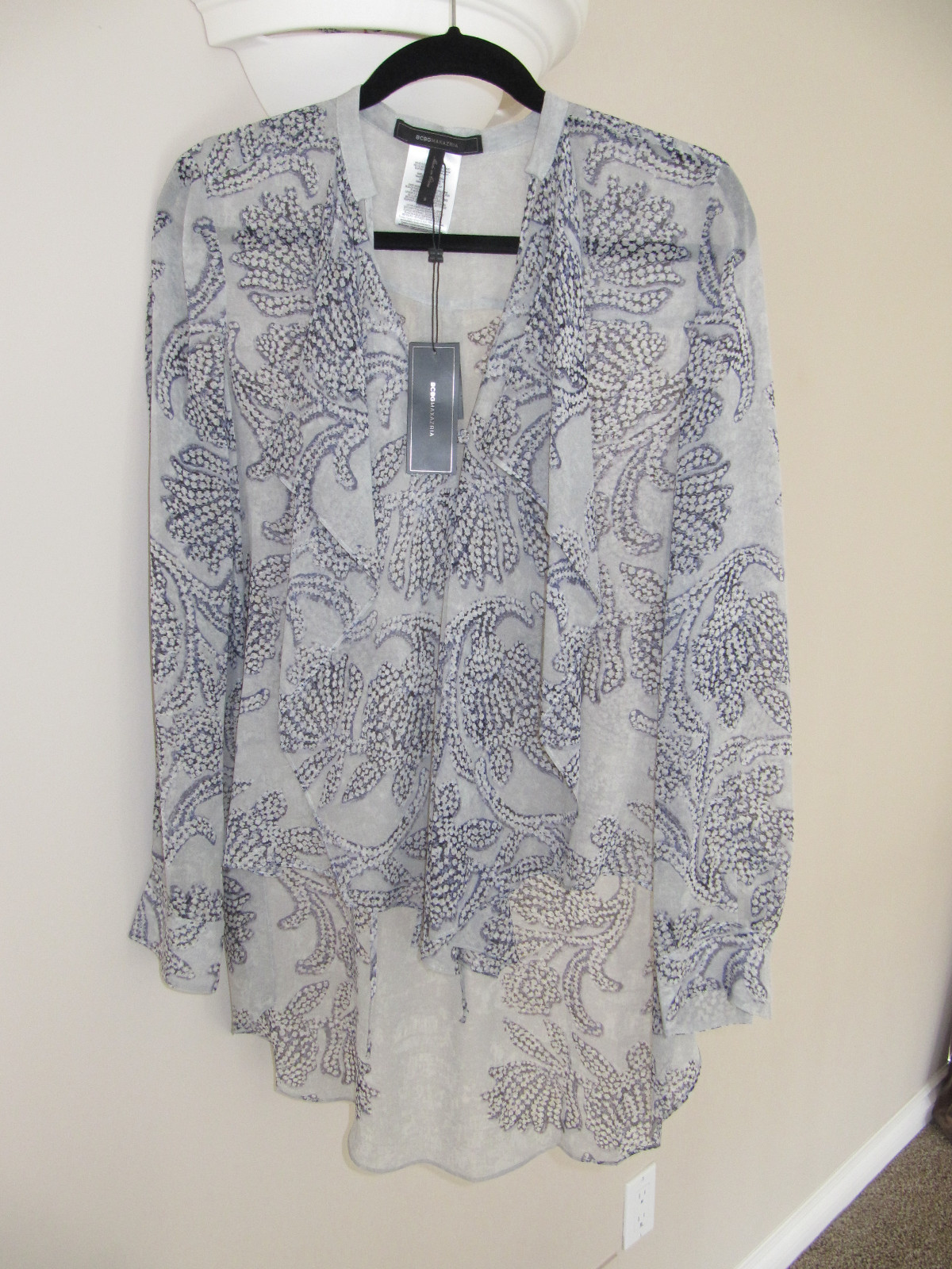 BCBG Joel Glacier Combo JOEL Printed Silk Ruffle Top Medium $298 Sold Out !! New