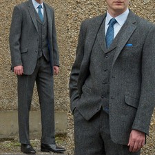 Gray Business Men Suits Wool Blend Regular Fit Formal Peak Lapel Single Breasted